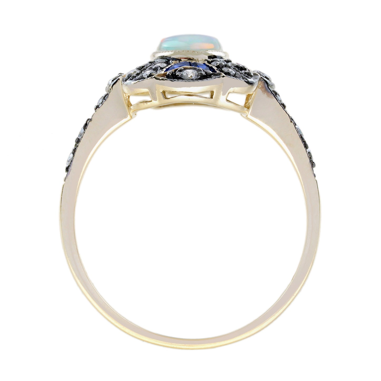oval opal & sapphire and diamond art deco style halo yellow gold ring