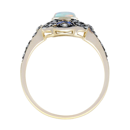 Oval Opal & Sapphire and Diamond Art Deco Style Halo Yellow Gold Ring