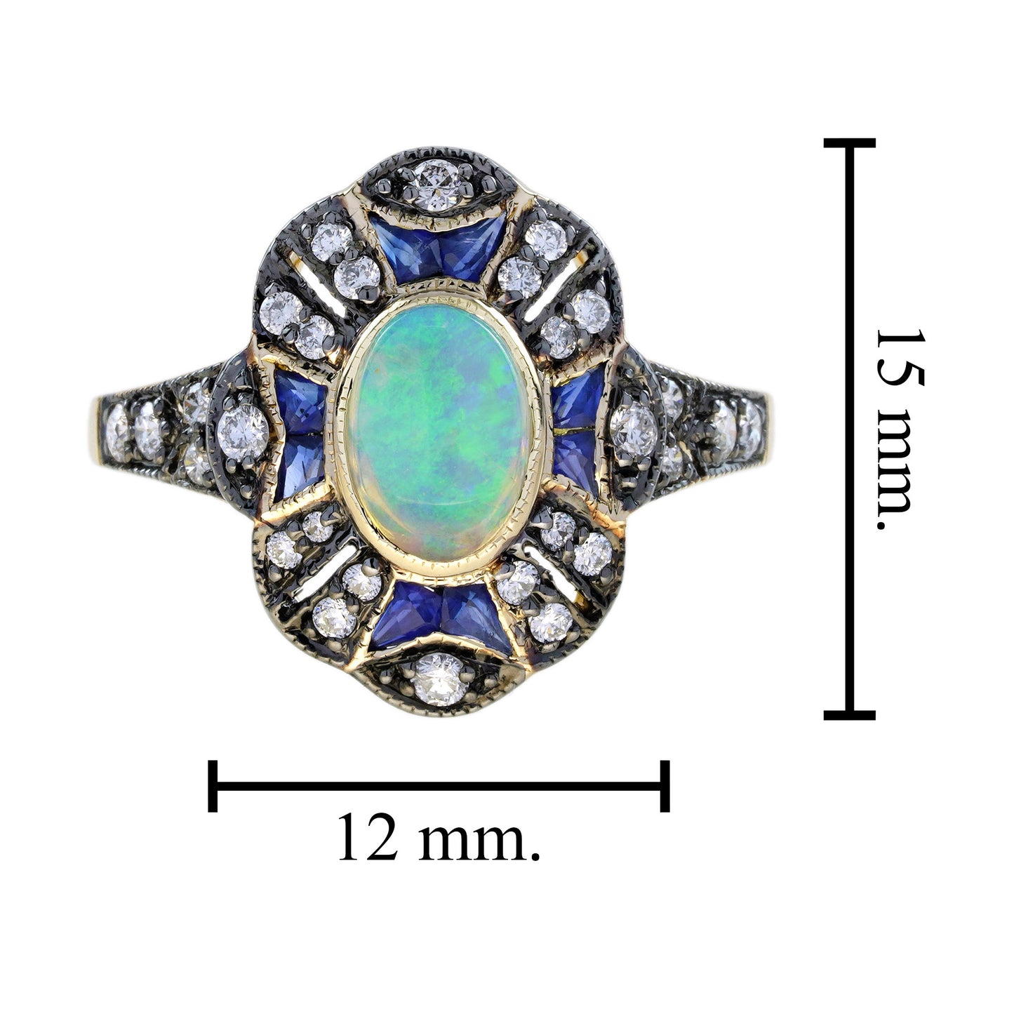 oval opal & sapphire and diamond art deco style halo yellow gold ring