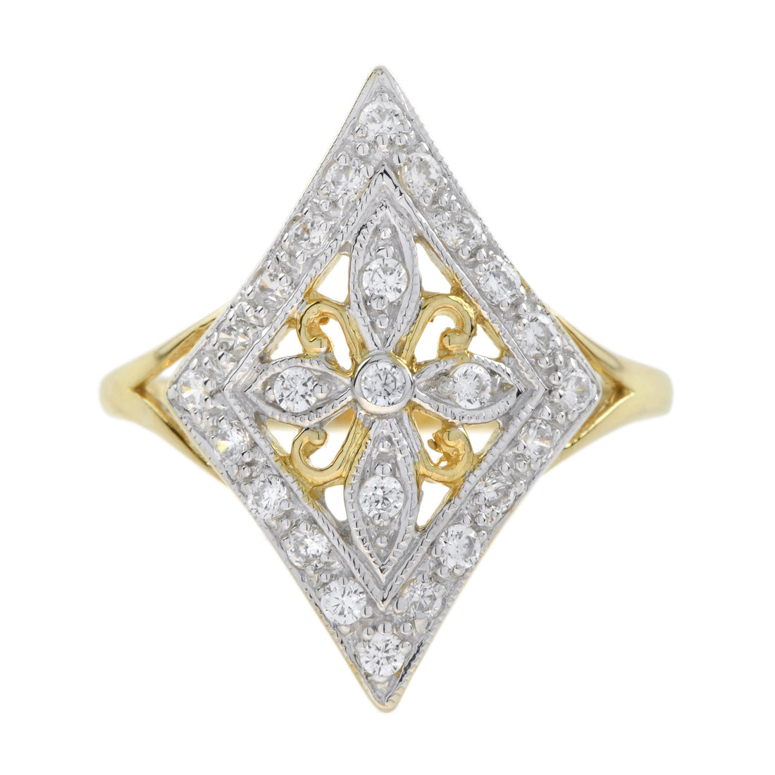 Vintage Style Diamond Floral Diamond Shape Filigree 14K Yellow Gold Fleur Ring