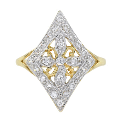 Vintage Style Diamond Floral Diamond Shape Filigree 14K Yellow Gold Fleur Ring