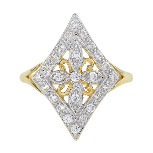 Vintage Style Diamond Floral Diamond Shape Filigree 14K Yellow Gold Fleur Ring