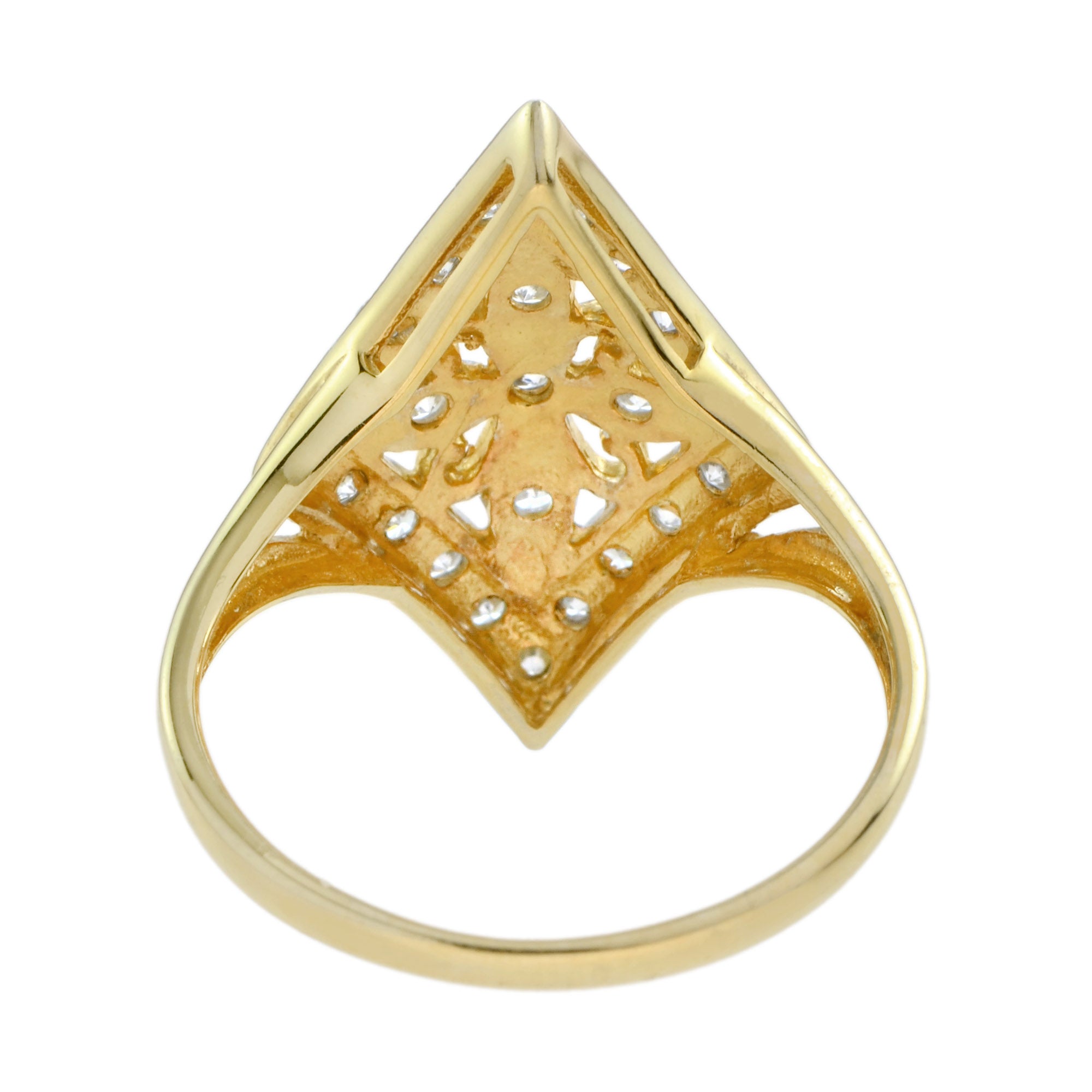 Vintage Style Diamond Floral Diamond Shape Filigree 14K Yellow Gold Fleur Ring