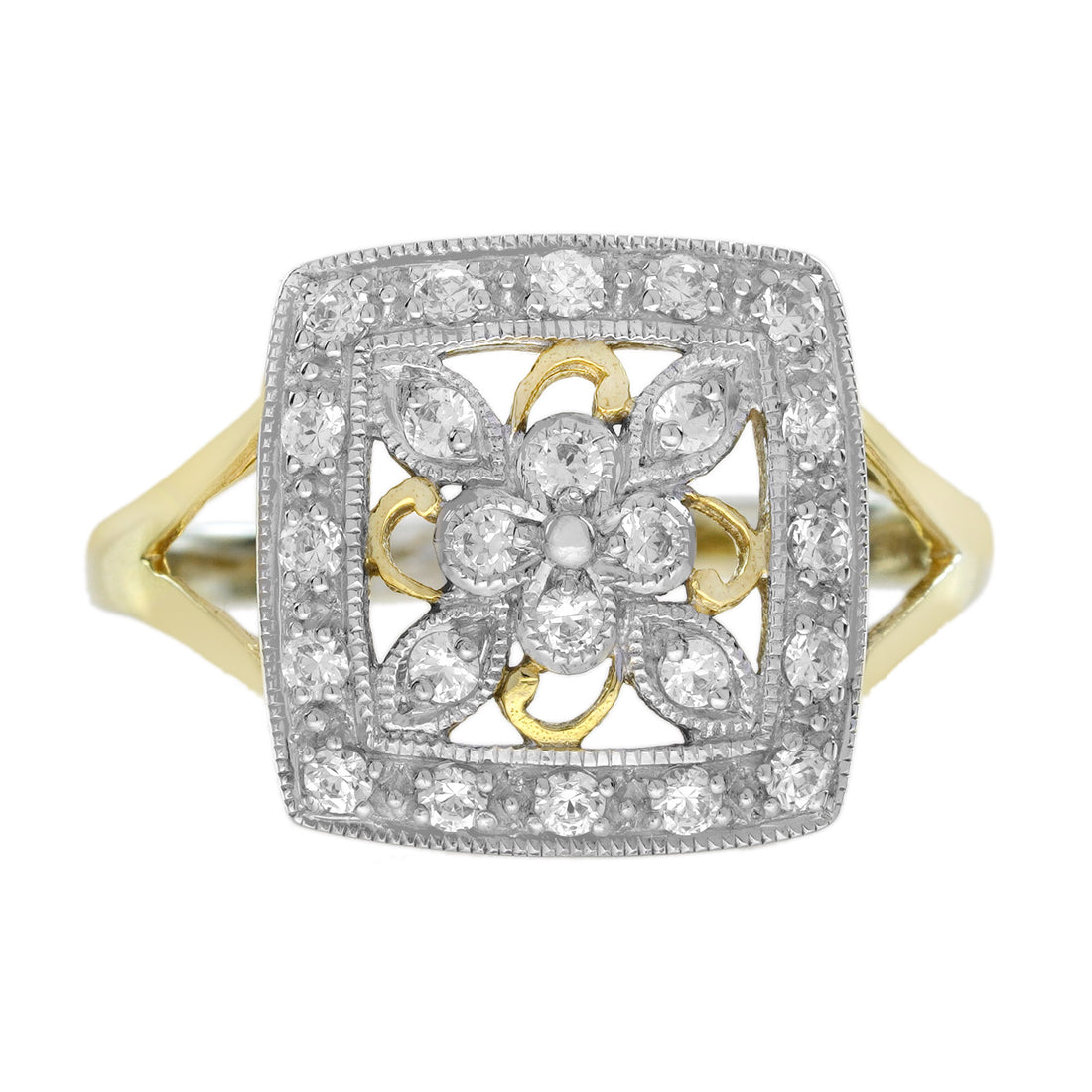 Diamond Vintage Style Floral Cluster Square Ring in Two Tone Gold