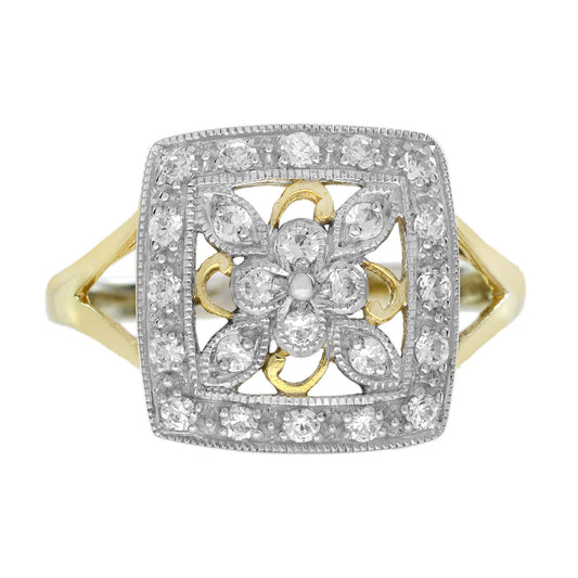 Diamond Vintage Style Floral Cluster Square Ring in Two Tone Gold