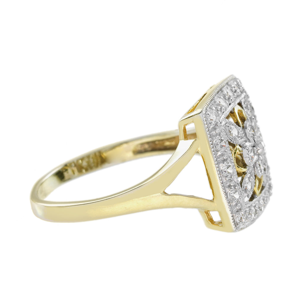 Diamond Vintage Style Floral Cluster Square Ring in Two Tone Gold