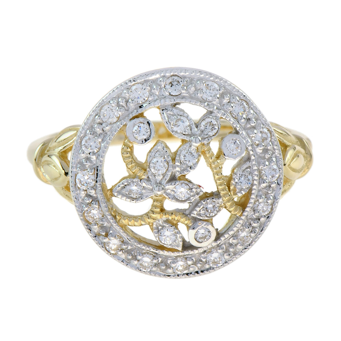 Diamond Cluster Floral Leaves Filigree Vintage Style Yellow White Gold Ring