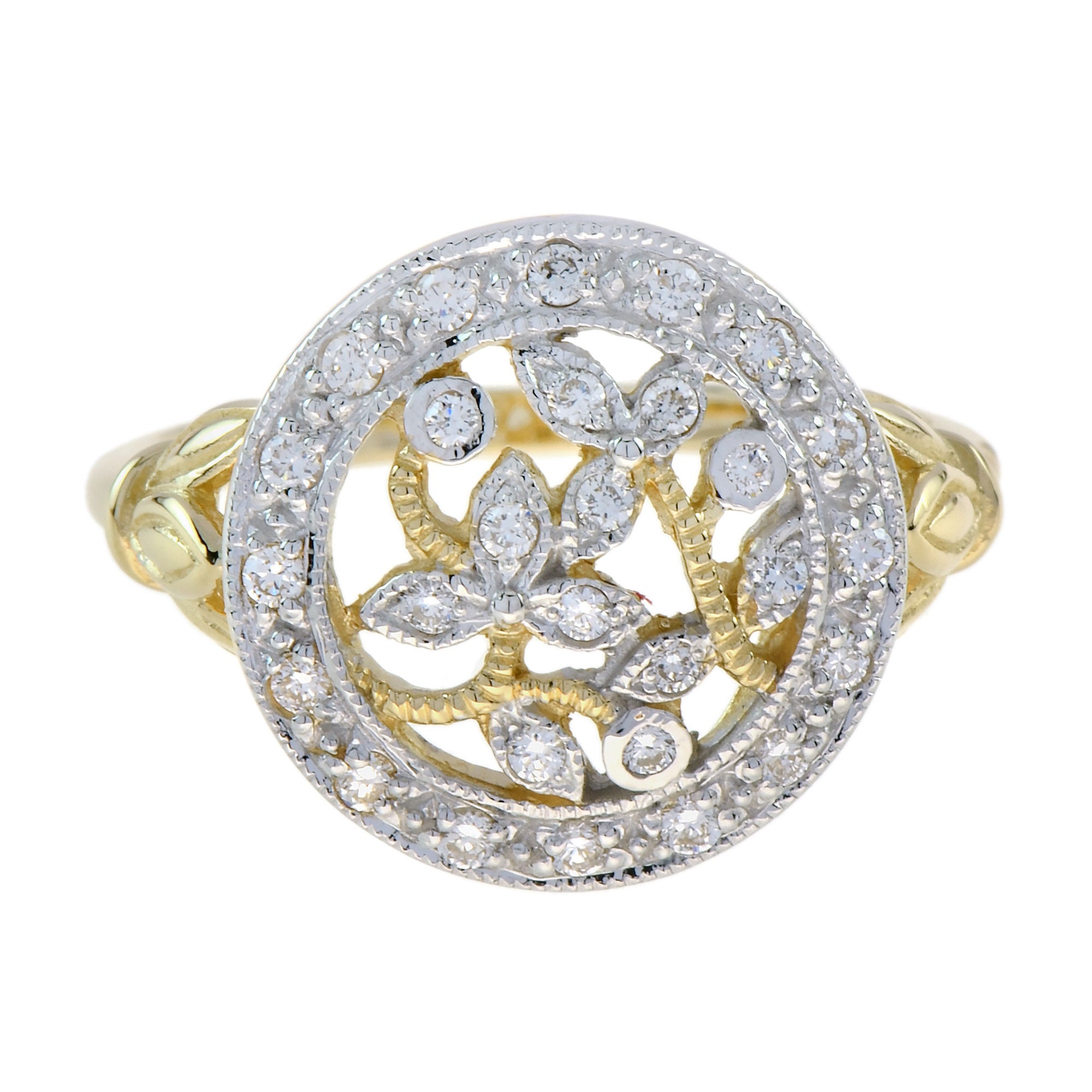 0.20 Ctw Vintage Style Diamond Floral Filigree Two Tone Gold Ring