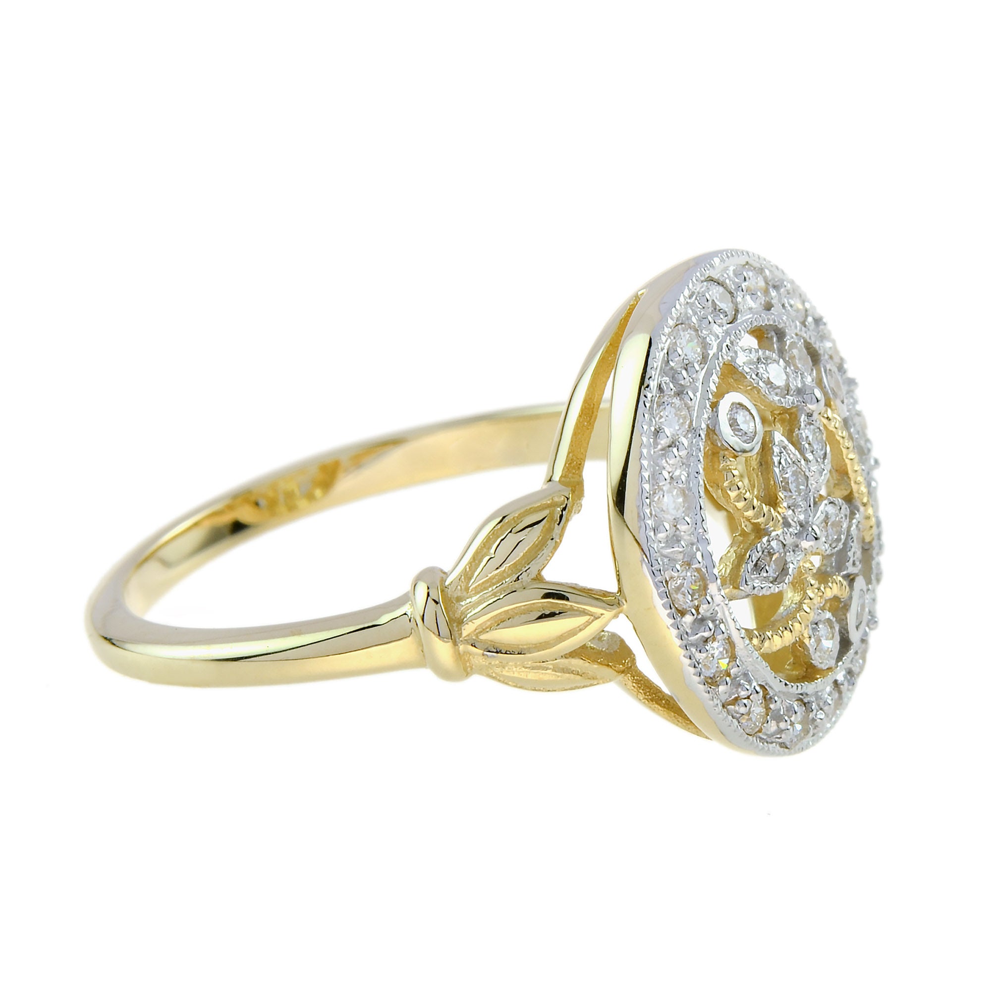 0.20 Ctw Vintage Style Diamond Floral Filigree Two Tone Gold Ring