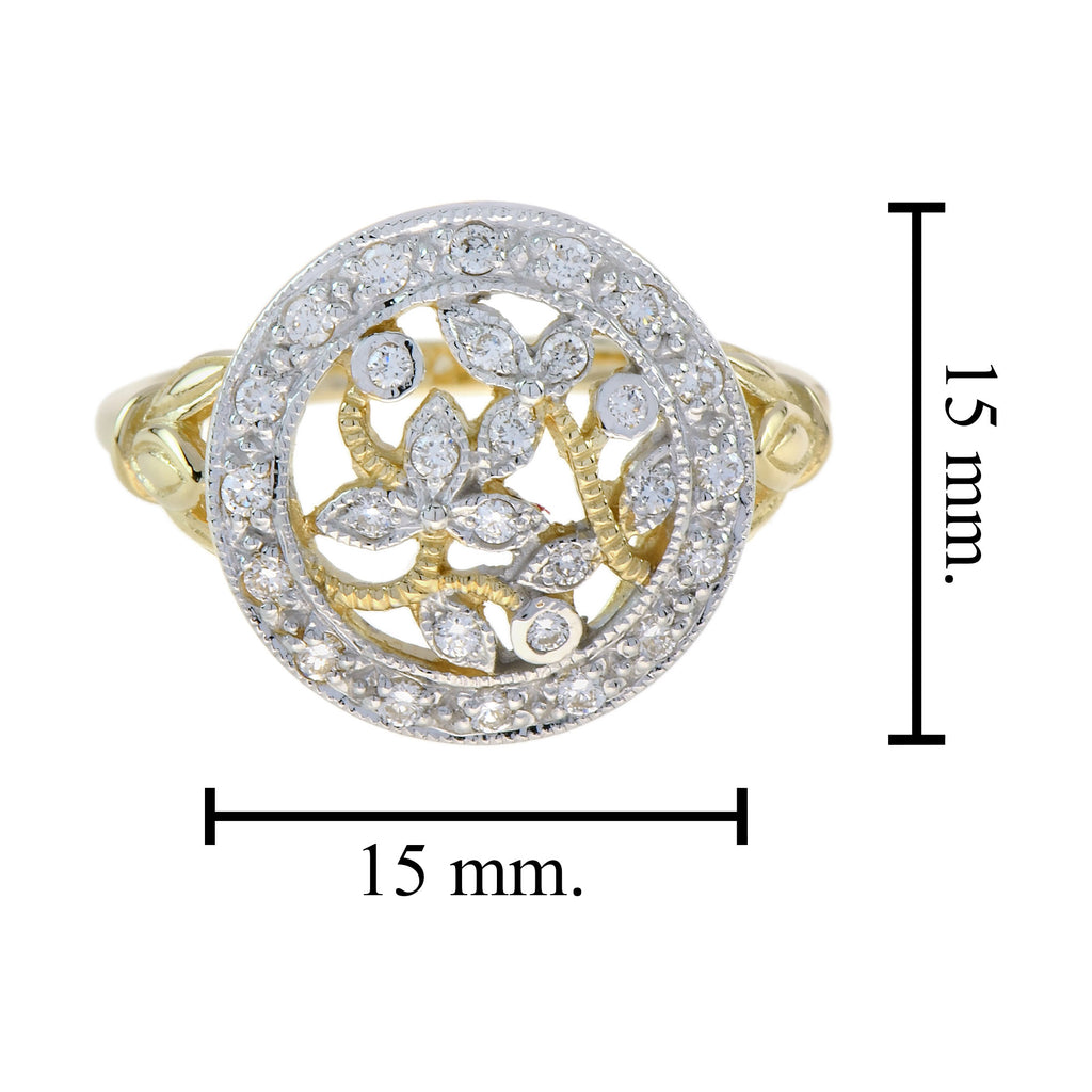 Diamond Cluster Floral Leaves Filigree Vintage Style Yellow White Gold Ring