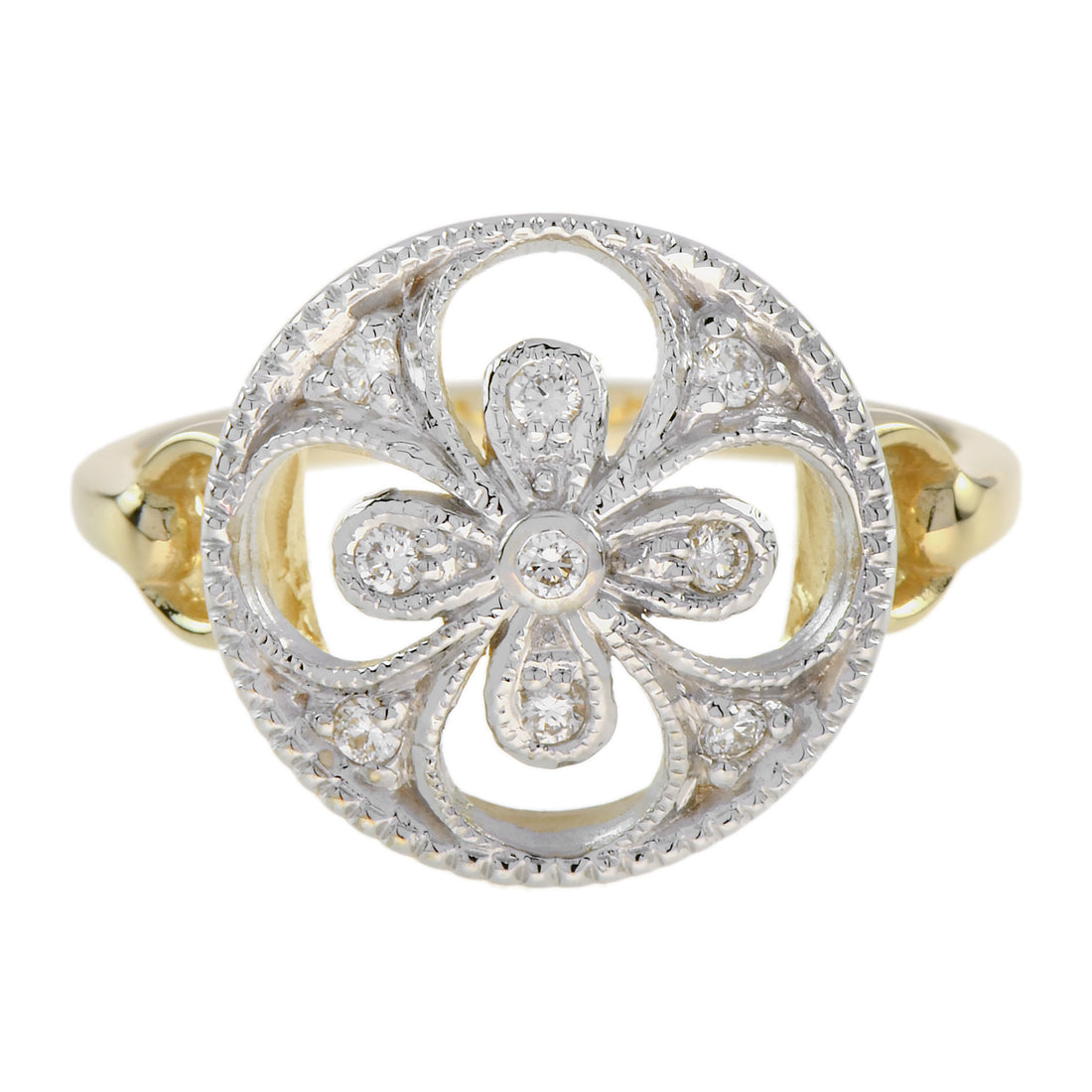 Diamond Cluster Floral Clover Alhambra Vintage Style White Yellow Gold Ring