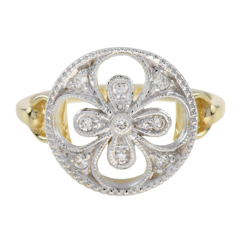 Diamond Cluster Floral Clover Alhambra Vintage Style White Yellow Gold Ring