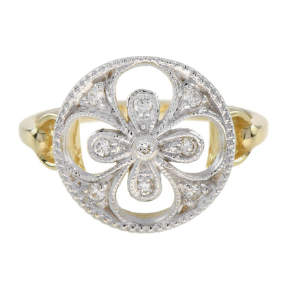 Diamond Cluster Floral Clover Alhambra Vintage Style White Yellow Gold Ring