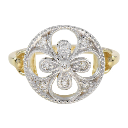 Diamond Cluster Floral Clover Alhambra Vintage Style White Yellow Gold Ring