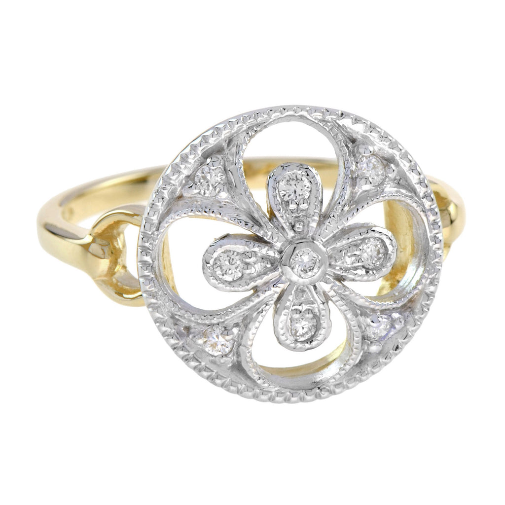Diamond Cluster Floral Clover Alhambra Vintage Style White Yellow Gold Ring