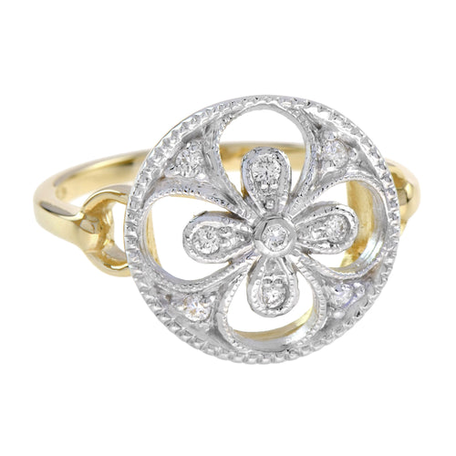 Diamond Cluster Floral Clover Alhambra Vintage Style White Yellow Gold Ring