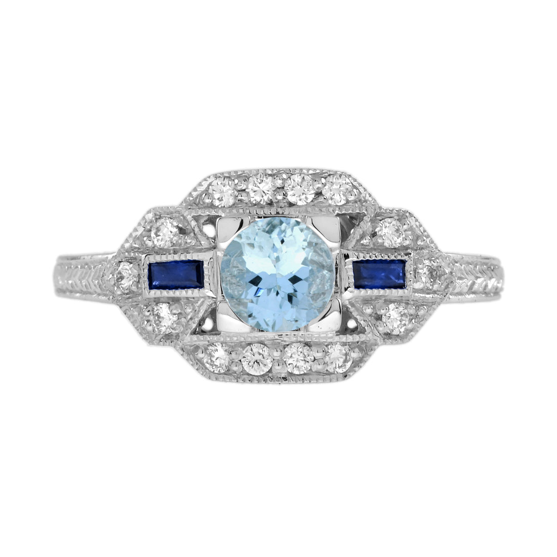 Blue Aquamarine & Sapphire Diamond White Art Deco Style White Gold Ring