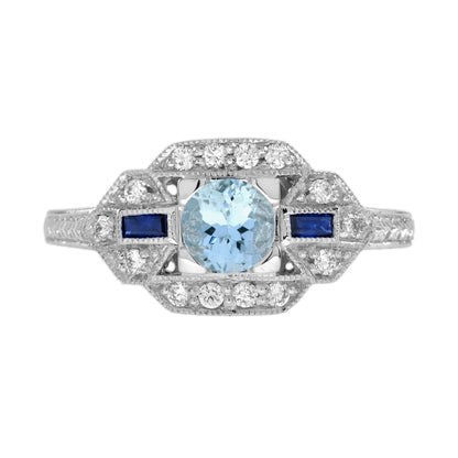 Blue Aquamarine &amp; Sapphire Diamond White Art Deco Style White Gold Ring