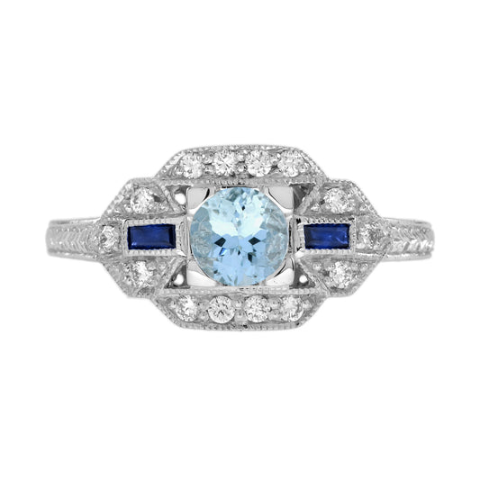 Blue Aquamarine & Sapphire Diamond White Art Deco Style White Gold Ring