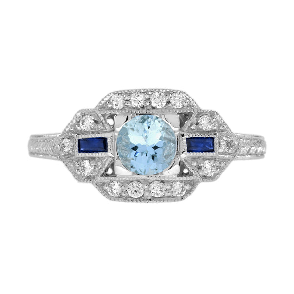 0.50 Ctw Art Deco Style Aquamarine, Blue Sapphire & Diamond 14K White Gold Ring