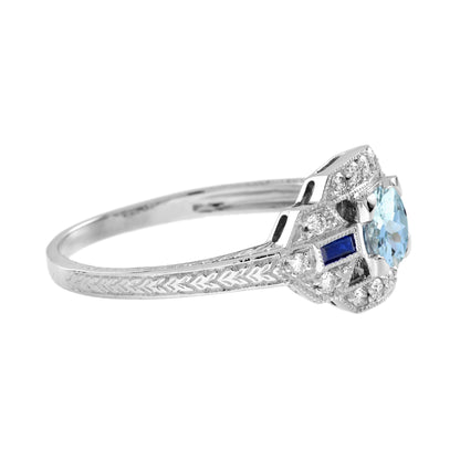Blue Aquamarine &amp; Sapphire Diamond White Art Deco Style White Gold Ring