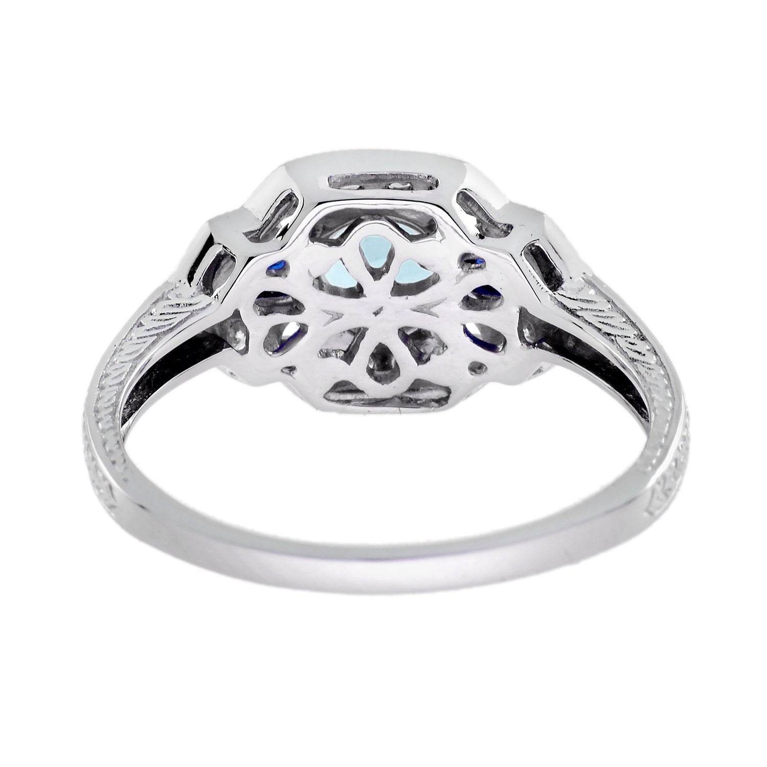 Blue Aquamarine &amp; Sapphire Diamond White Art Deco Style White Gold Ring