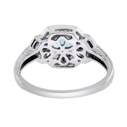 Blue Aquamarine &amp; Sapphire Diamond White Art Deco Style White Gold Ring