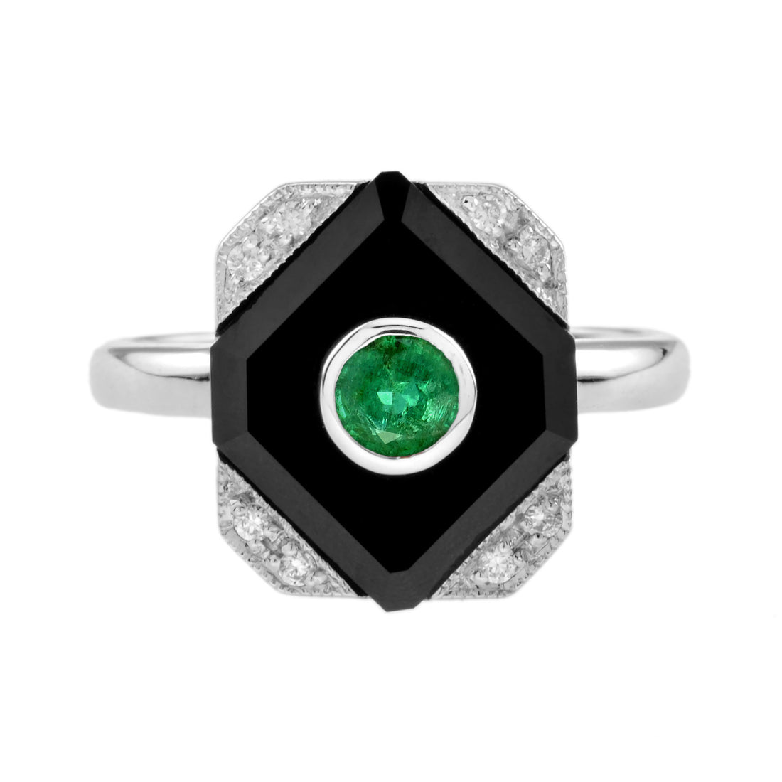 Green Emerald Black Onyx Diamond Art Deco Style Square Shape White Gold Ring