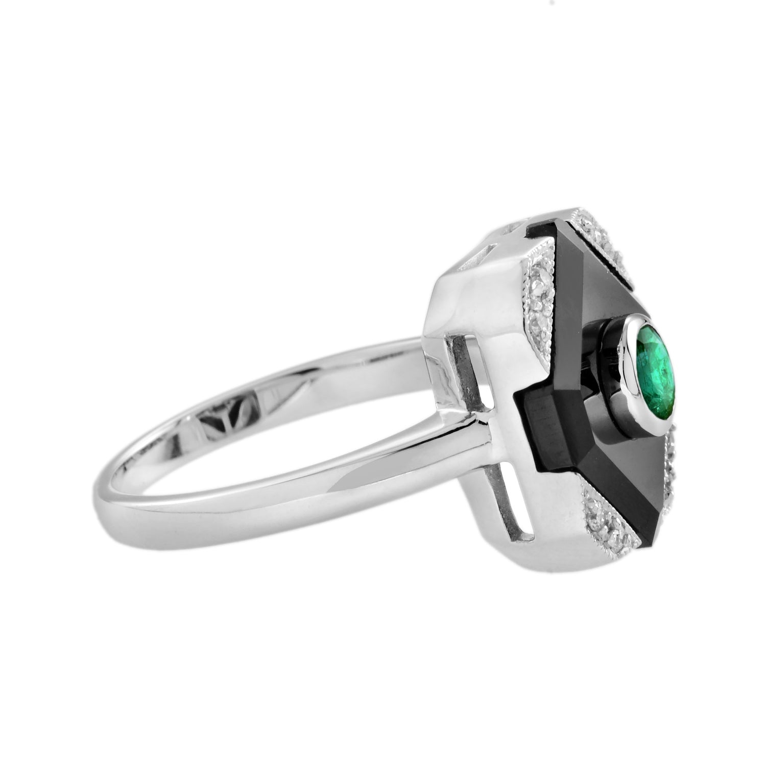 Green Emerald Black Onyx Diamond Art Deco Style Square Shape White Gold Ring