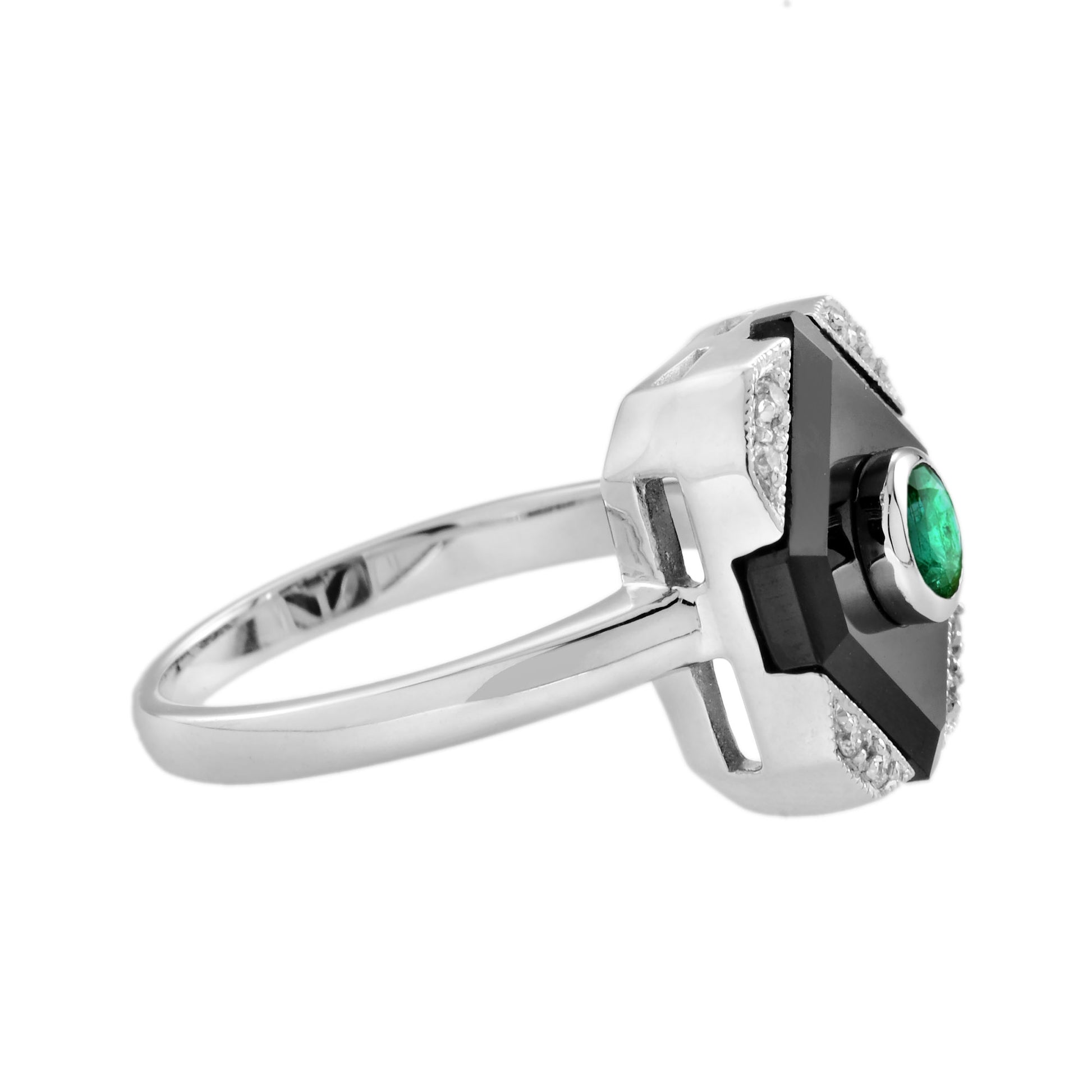 Green Emerald Black Onyx Diamond Art Deco Style Square Shape White Gold Ring