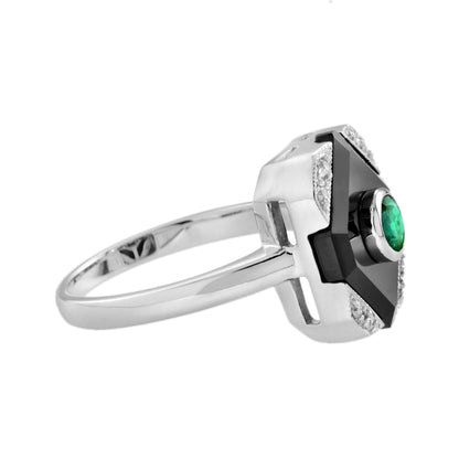 Green Emerald Black Onyx Diamond Art Deco Style Square Shape White Gold Ring