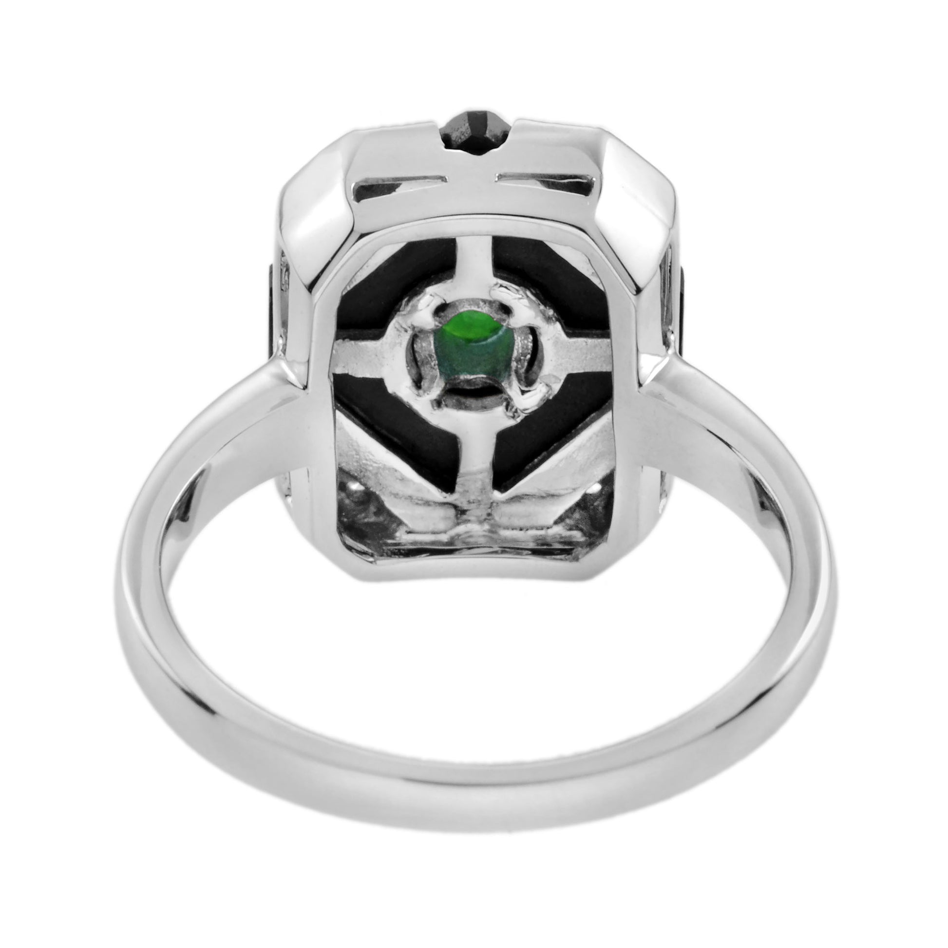 Green Emerald Black Onyx Diamond Art Deco Style Square Shape White Gold Ring