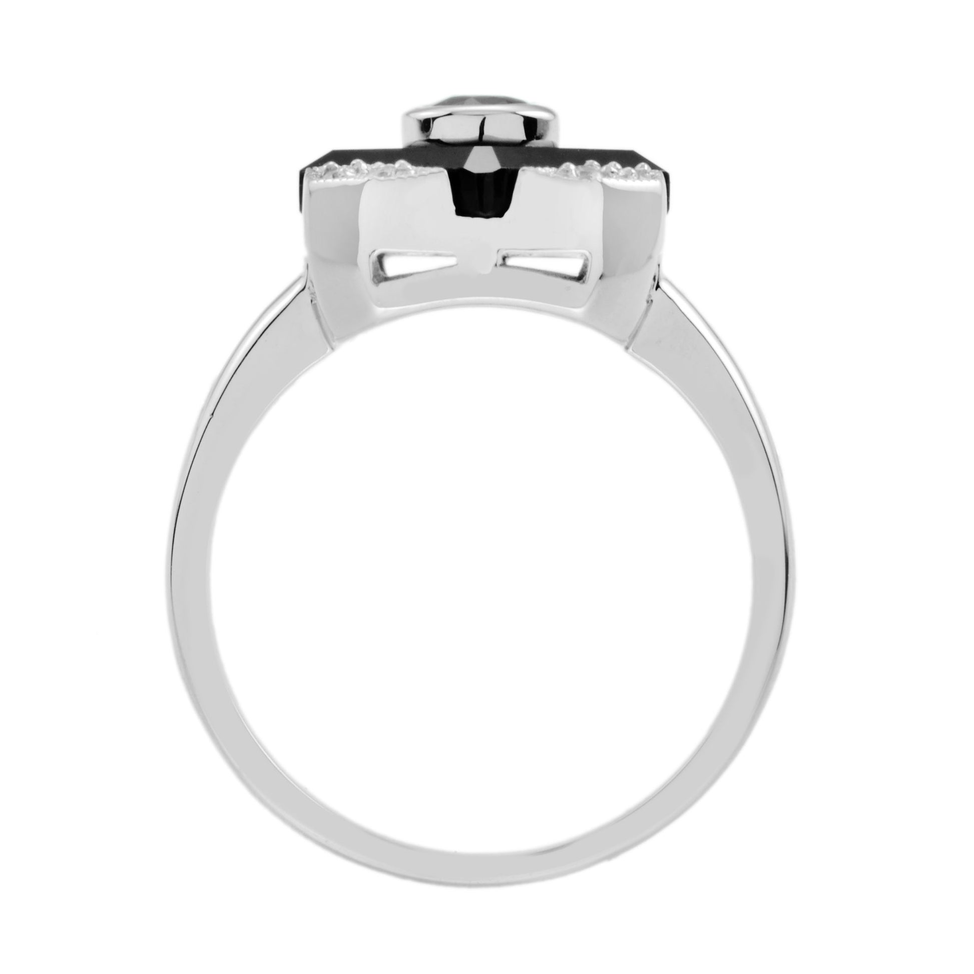 Green Emerald Black Onyx Diamond Art Deco Style Square Shape White Gold Ring