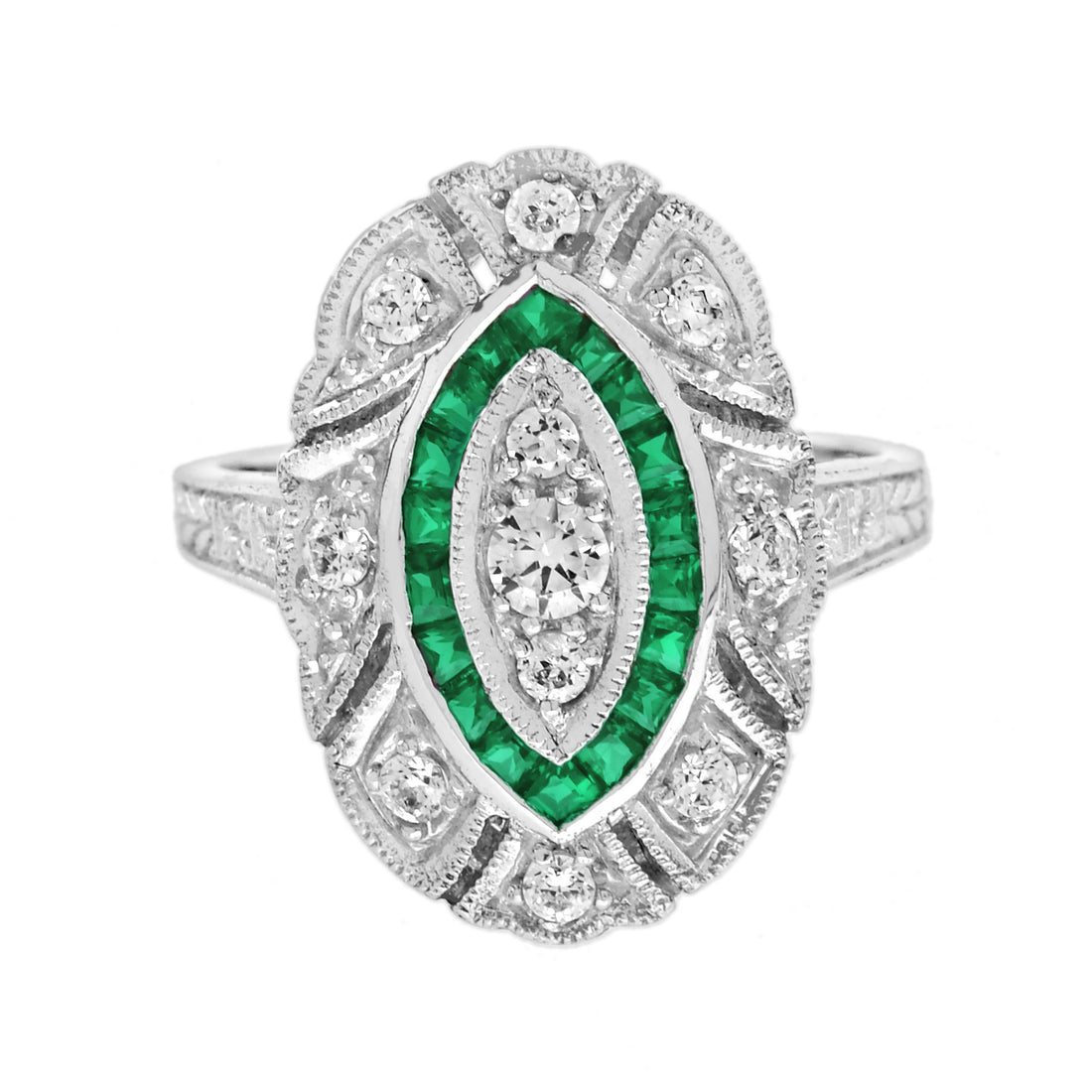 Diamond &amp; Green Emerald Halo Set Art Deco Style White Gold Ring