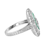 Diamond & Green Emerald Halo Set Art Deco Style White Gold Ring