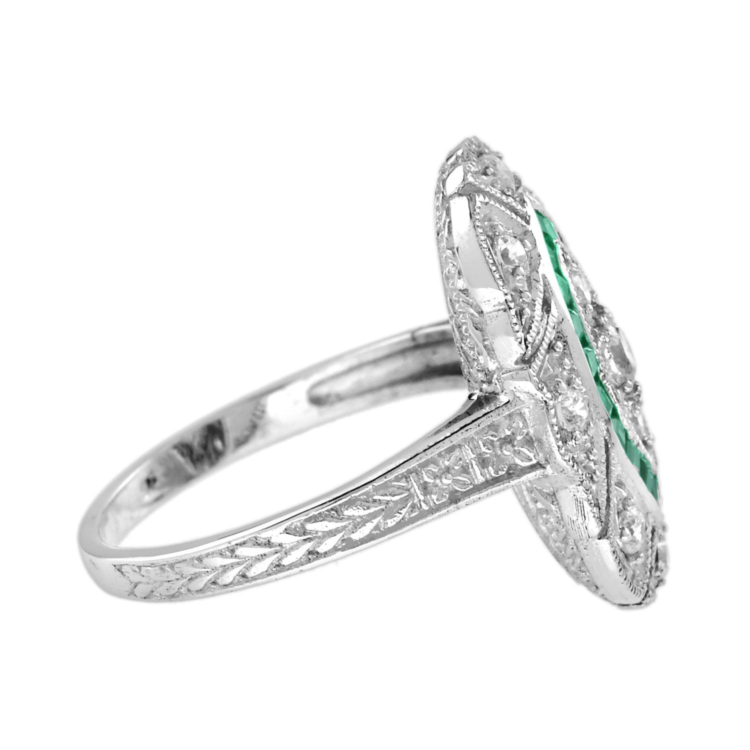 Diamond &amp; Green Emerald Halo Set Art Deco Style White Gold Ring