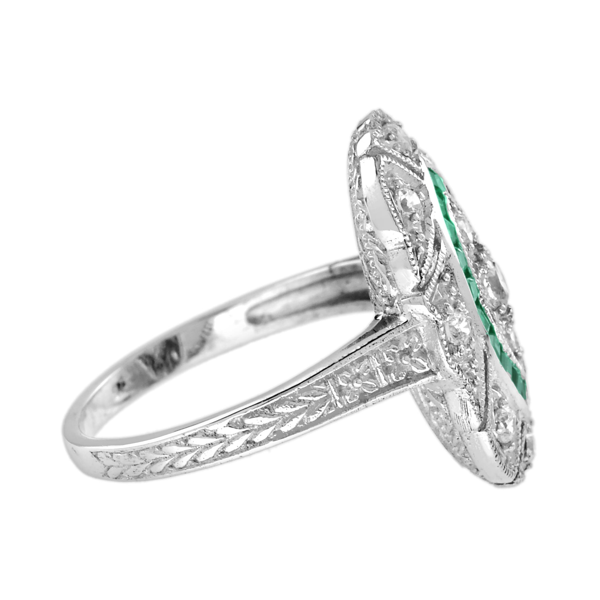 Diamond & Green Emerald Halo Set Art Deco Style White Gold Ring