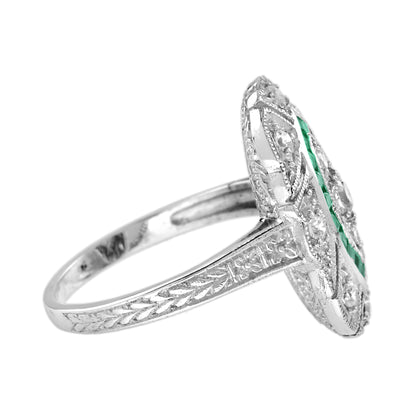 Diamond & Green Emerald Halo Set Art Deco Style White Gold Ring