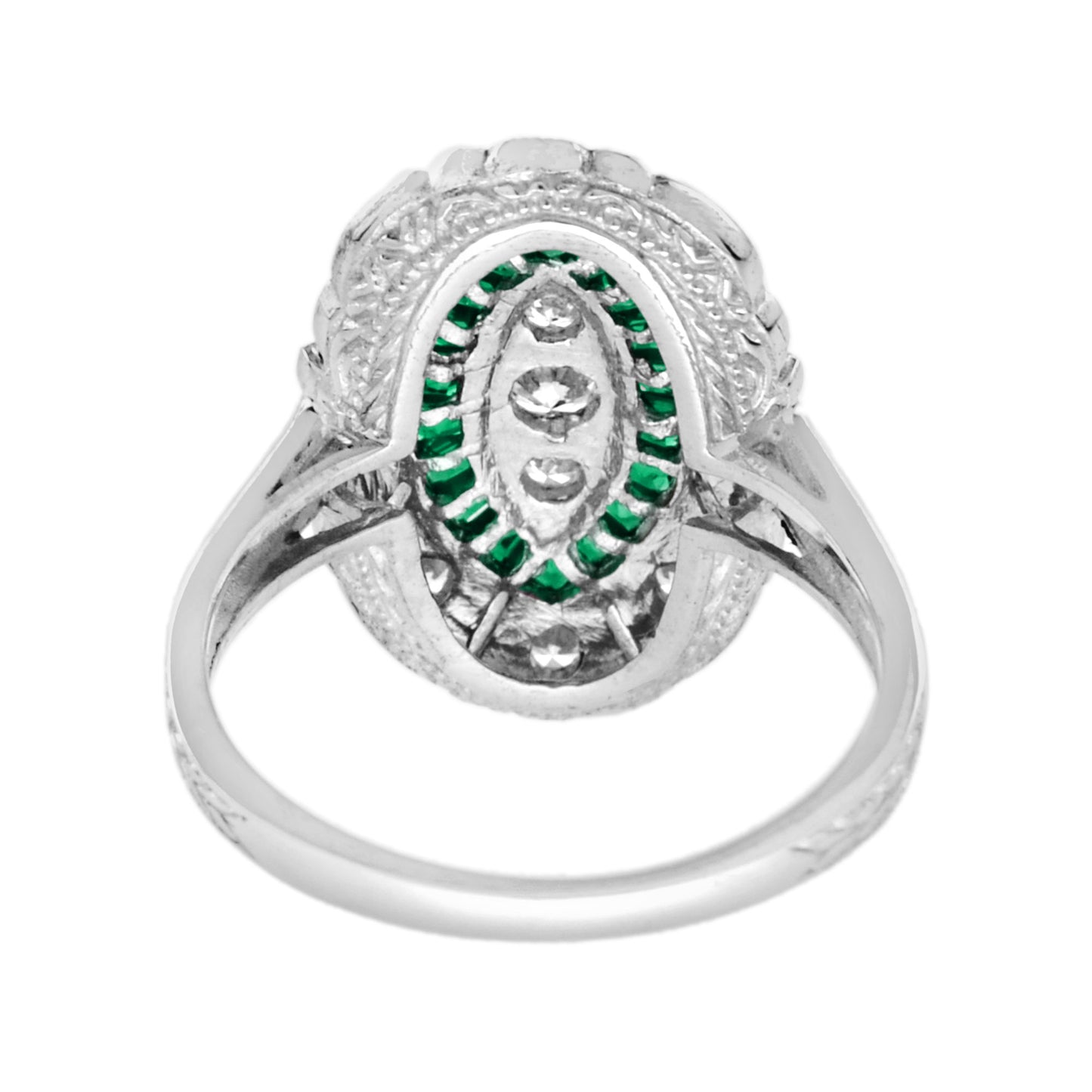 diamond & green emerald halo set art deco style white gold ring