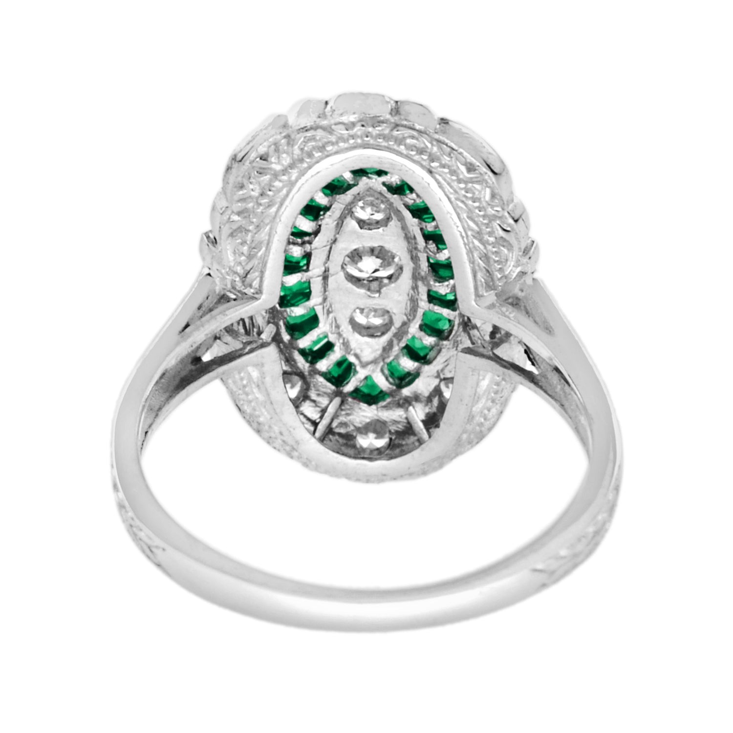Diamond &amp; Green Emerald Halo Set Art Deco Style White Gold Ring
