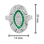 Diamond & Green Emerald Halo Set Art Deco Style White Gold Ring