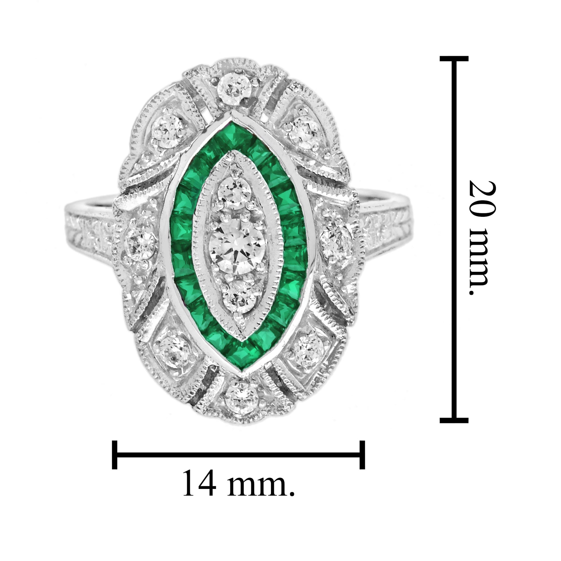 Diamond & Green Emerald Halo Set Art Deco Style White Gold Ring