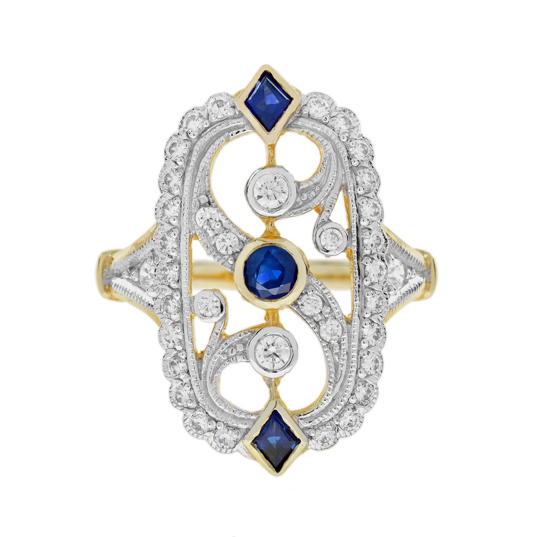 Blue Sapphire Diamond Vintage Style Filigree 14K White Yellow TwoTone Gold Ring