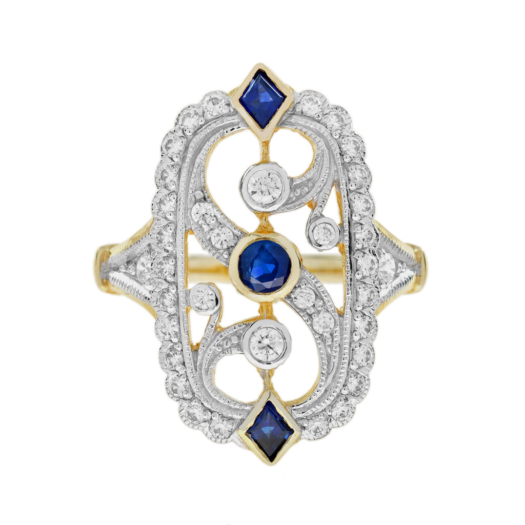 Blue Sapphire Diamond Vintage Style Filigree 14K White Yellow TwoTone Gold Ring