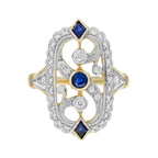 Blue Sapphire Diamond Vintage Style Filigree 14K White Yellow TwoTone Gold Ring