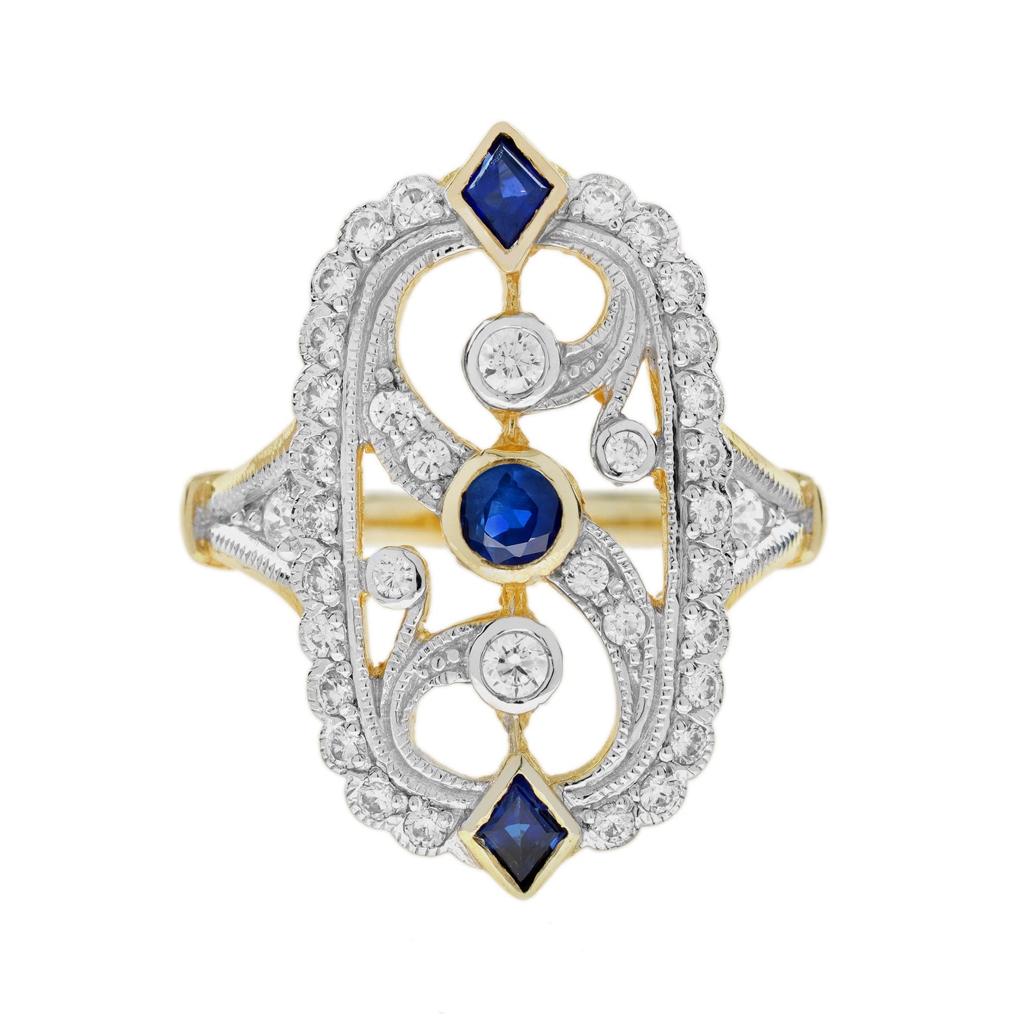 blue sapphire diamond vintage style filigree 14k white yellow twotone gold ring