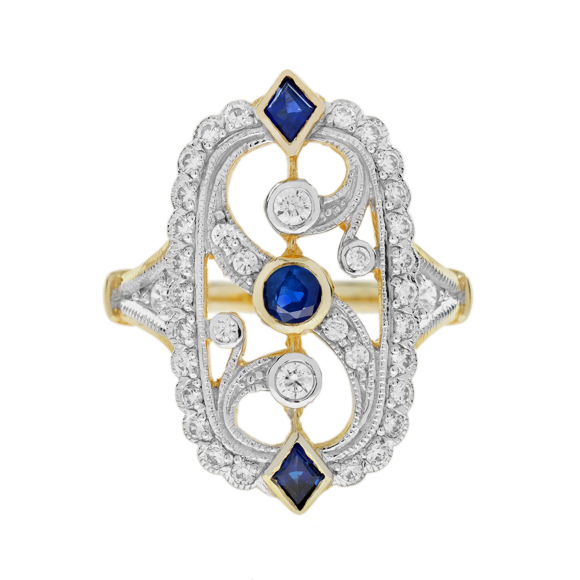 Blue Sapphire Diamond Vintage Style Filigree 14K White Yellow TwoTone Gold Ring