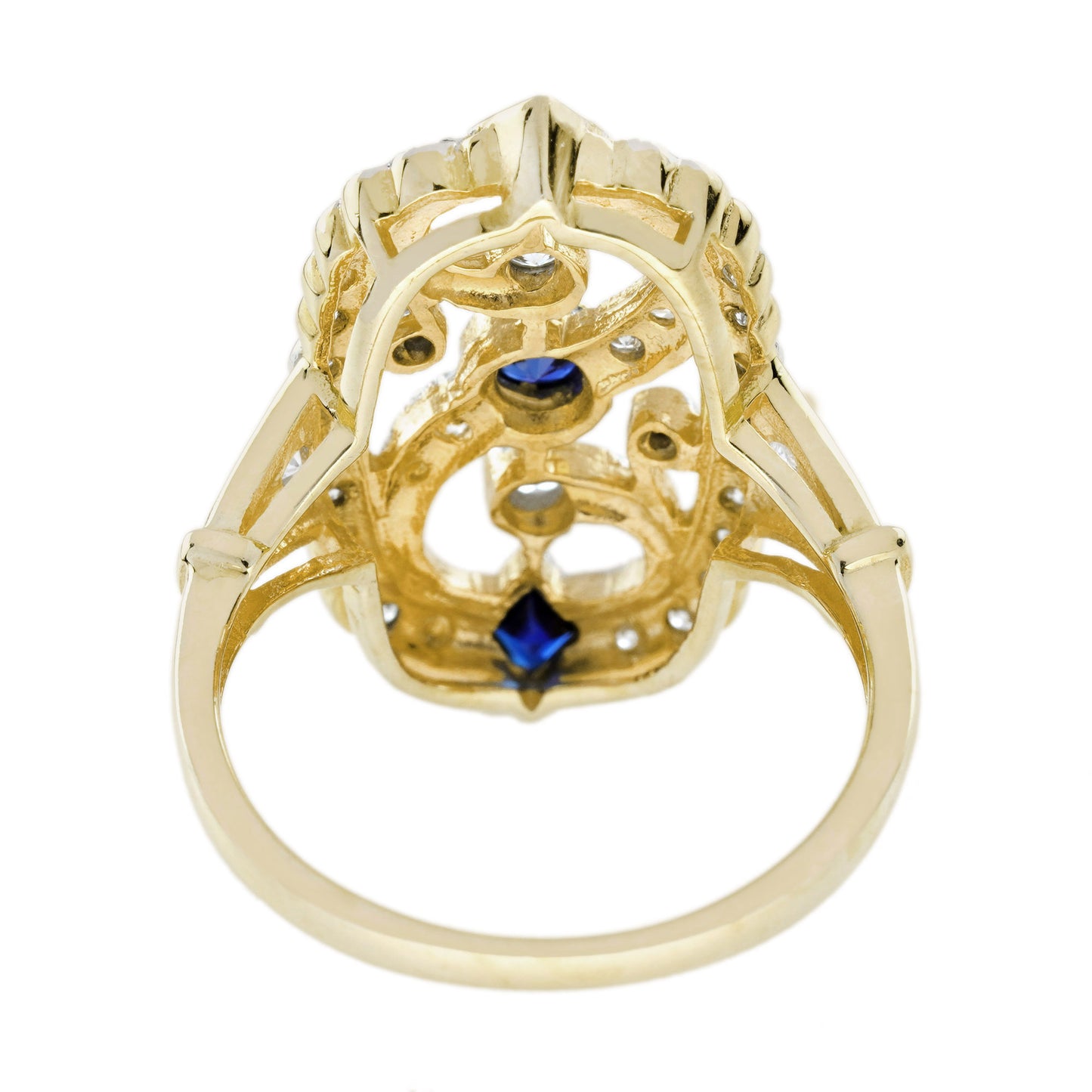 blue sapphire diamond vintage style filigree 14k white yellow twotone gold ring