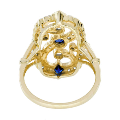 Blue Sapphire Diamond Vintage Style Filigree 14K White Yellow TwoTone Gold Ring