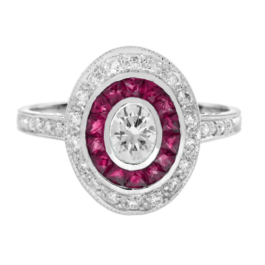 Diamond & Ruby Art Deco Style Halo Set Vintage Inspired 14K White Gold Ring